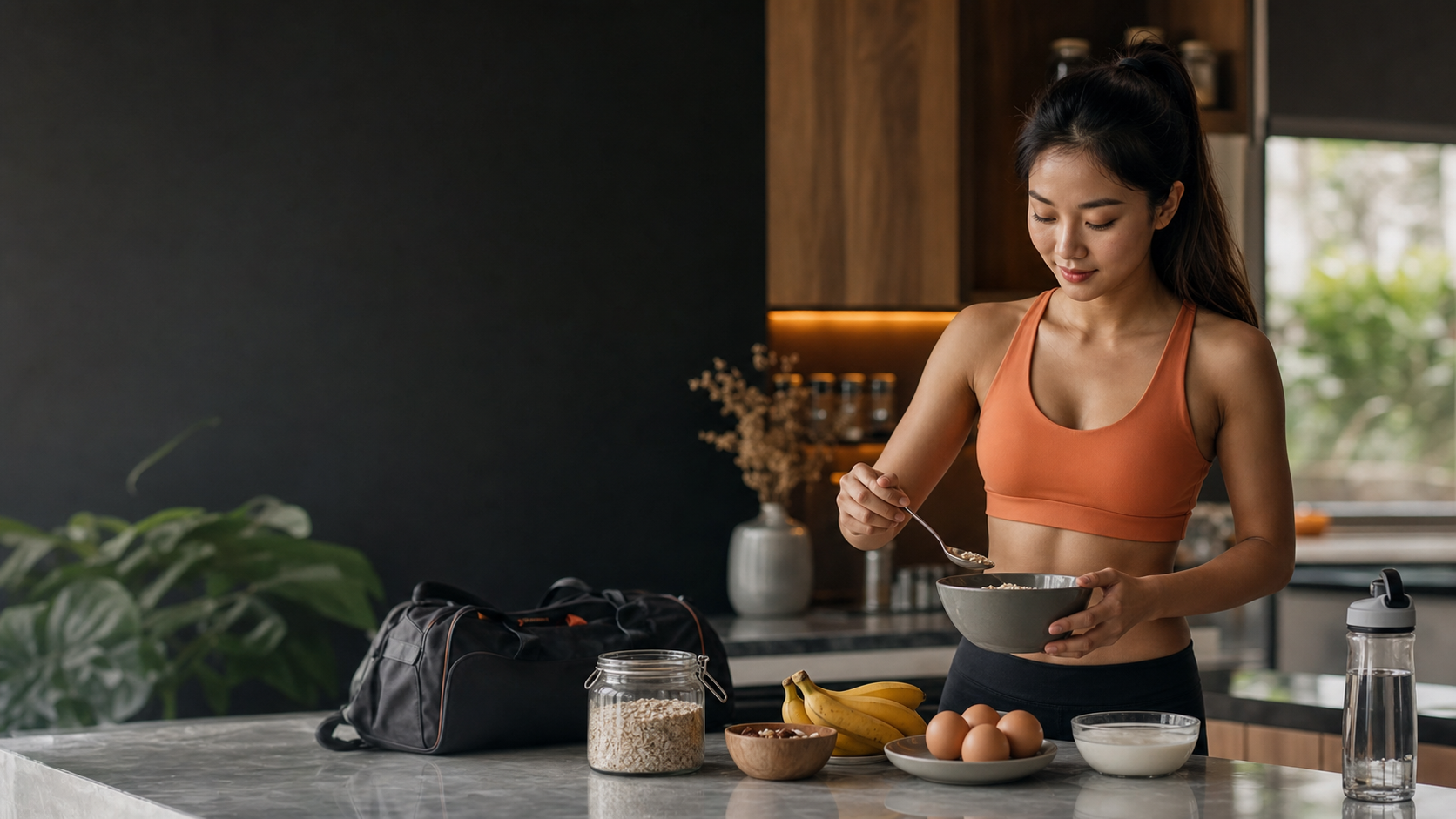 Phụ nữ chuẩn bị bữa ăn giàu dinh dưỡng trước khi tập gym